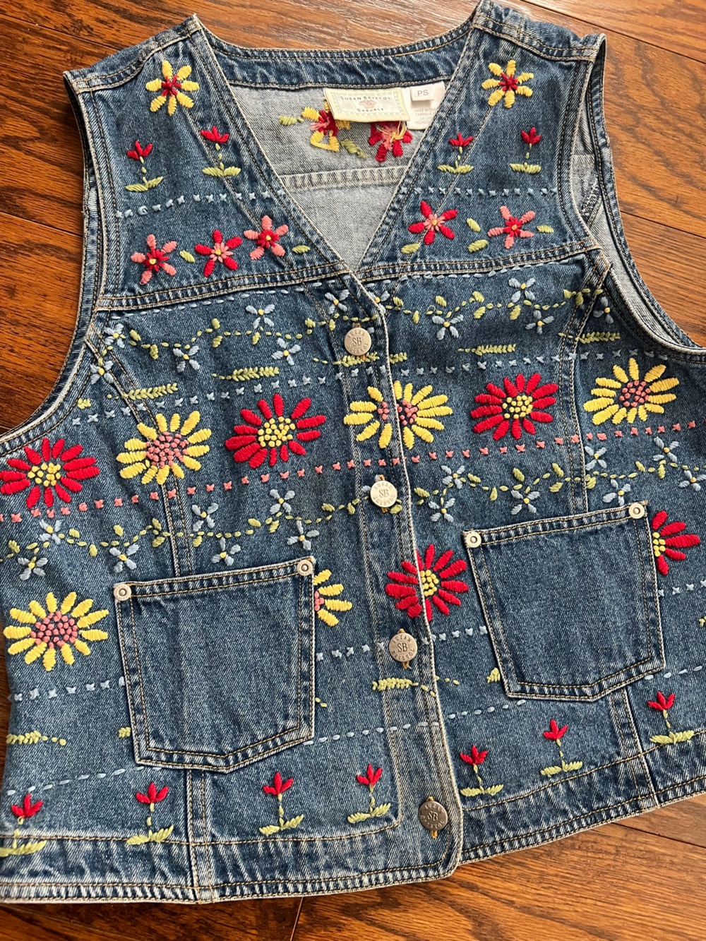 Vintage Susan Bristol Jean Vest with Red & Yellow Floral Embroidery - Women
